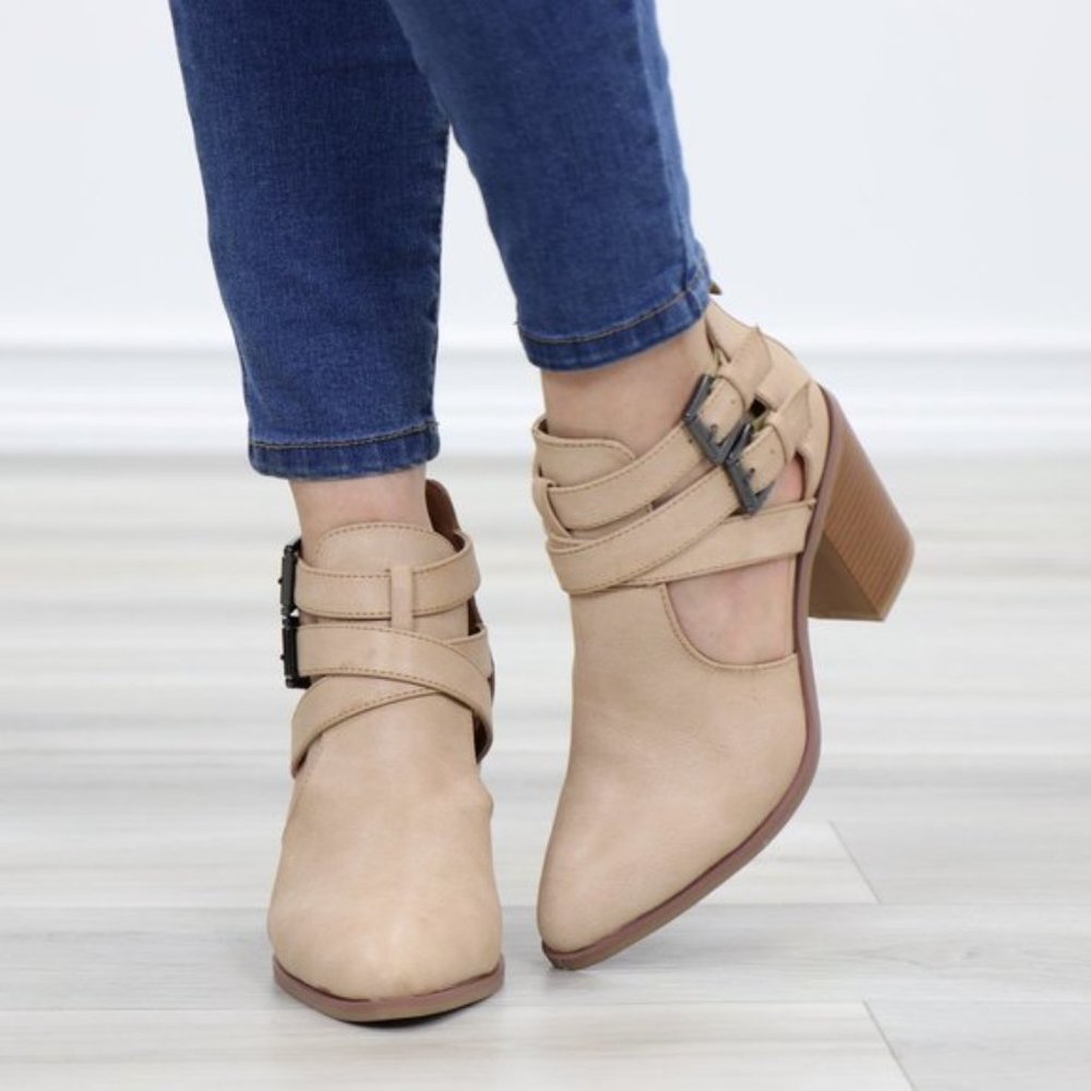 Strappy Taupe Pointy Toe Ankle Boots Faux Leather - Picture 9 of 9